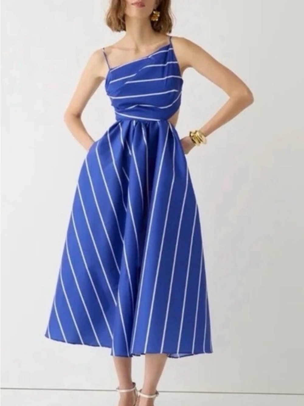 J Crew Collection Side Cutout Royal Blue & White Stripe Taffeta Midi Dress sz 2